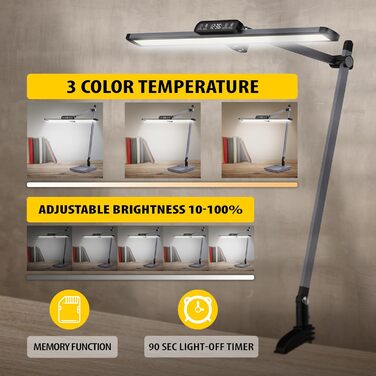 OTUS LED лампа настільна з кріпленням, годинник, таймер, 3 колірні температури, регулювання яскравості, лампа для дому/офісу, захист очей, поворотний кронштейн, офісна лампа