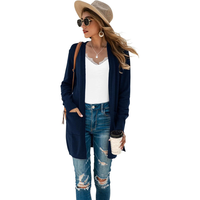 Кардиган жіночий Saodiallsu з довгим рукавом, однотонний, з кишенею (темно-синій, L)