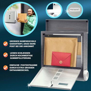 Поштовий ящик Monzana Kreuzschloss з мідним циліндром, поворотна кришка, 31x10x34 см, вікно, табличка для імені, відділ для газет, сталь, 2 ключі, чорно-срібний