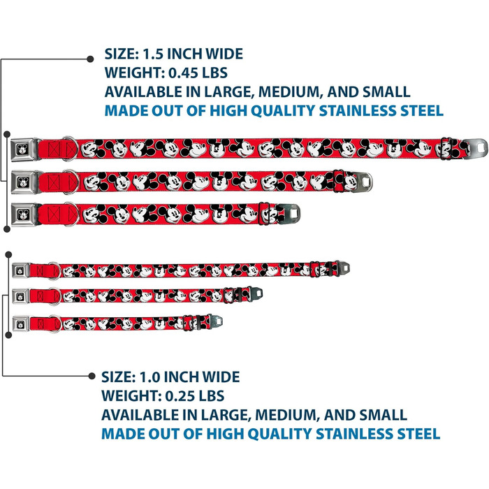 Нашийник для собак Buckle-Down з пряжкою Mickey Mouse, червоно-чорно-білий, ширина 2.5 см, розмір 23-38 см, S