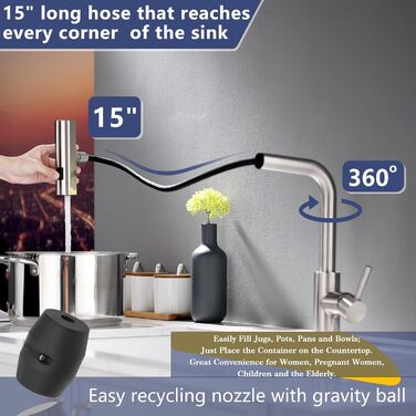Висувна кухонна змішувач TIMACO з шлангом 360° з гнучким виливом, водопровідний кран для кухні, одноручний змішувач з водоспадом, шліфоване нікель