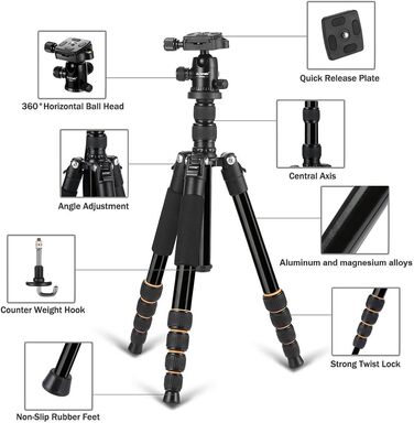 Штатив ZOMEI Q666 для камери: алюмінієвий, 155 см, 3-в-1 (штатив, макроштатив, монопод), з кульковою головкою 360° та швидкою платформою 1/4'