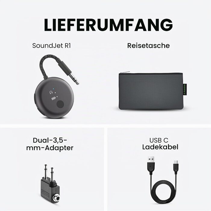 Bluetooth-адаптер для літака Avantree SoundJet R1 для AirPods та бездротових навушників, 25 годин роботи, металевий чорний