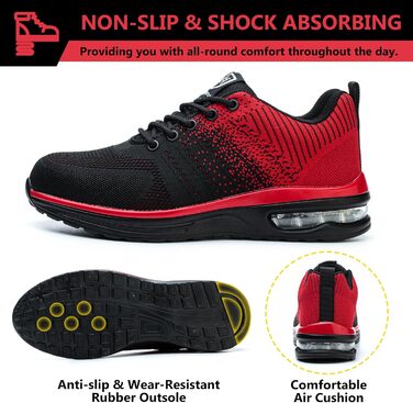 Черевики робочі чоловічі/жіночі, захисні, спортивні, з металевим носком, неслизькі, дихаючі (46 EU, Червоний)