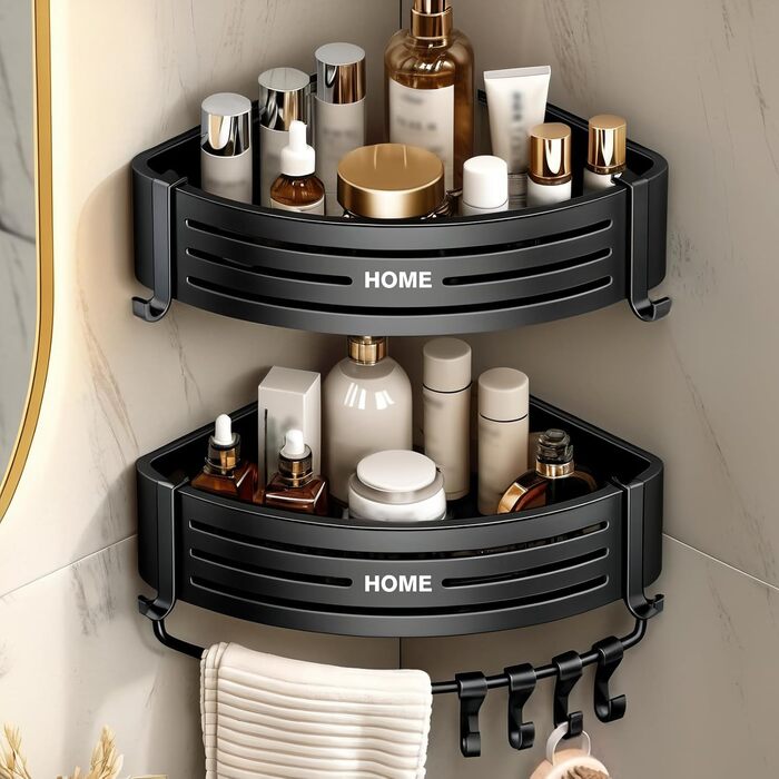 Дзеркальна поличка для душу Carehabi без свердління, 2 шт. з 8 гачками, чорна. Органайзер для ванної кімнати, кухні