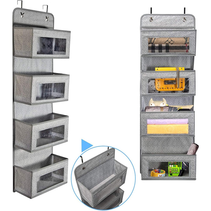 Настінна полиця-органайзер BrilliantJo з тканини, 4 великі кишені, 2 гачки, сірий колір, для ванної, дитячої кімнати, вітальні, спальні