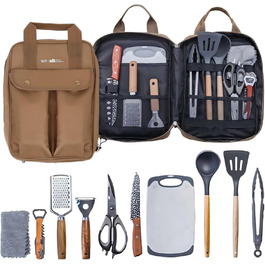 Набір кухонного приладдя для кемпінгу Sadodo: 11 предметів, з органайзером та сумкою, силікон та нержавіюча сталь