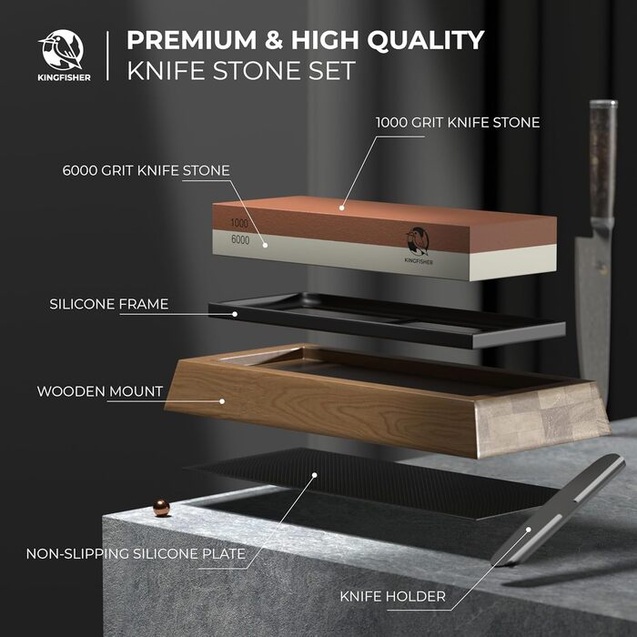 Шліфка для ножів Kingfisher 1000/6000 грінь, з підставкою, для професійного заточування ножів та інструментів, з кутовою наставкою