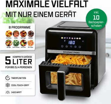 Фритюрниця без олії GOURMETmaxx 4.5L з цифровим дисплеєм, таймером та захистом від перегріву, чорна