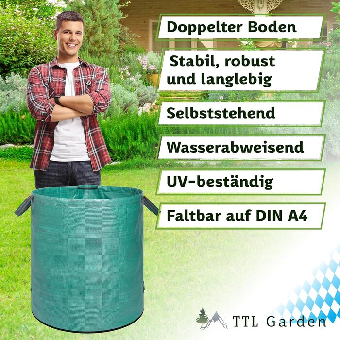 Садові мішки TTL Garden 272 л, 6 шт, посилене дно, самостійно стоять, 4 ручки, 150 г/м², великі та міцні, для трави, листя, гілок і садового сміття