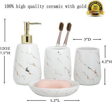Bathroom Accessory Set, 4-Piece, complete with toothbrush holder, toothbrush cup, soap dispenser, soap dish, classic with gold-veined marble design, (White)