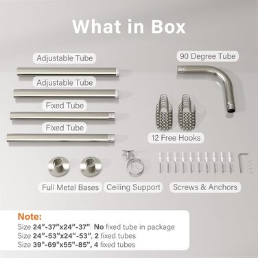 Кутова штанга для душової кабіни L-подібної форми, регульована, з 12 гачками та підставкою для стелі, срібна (99,1 см – 215,3 см)