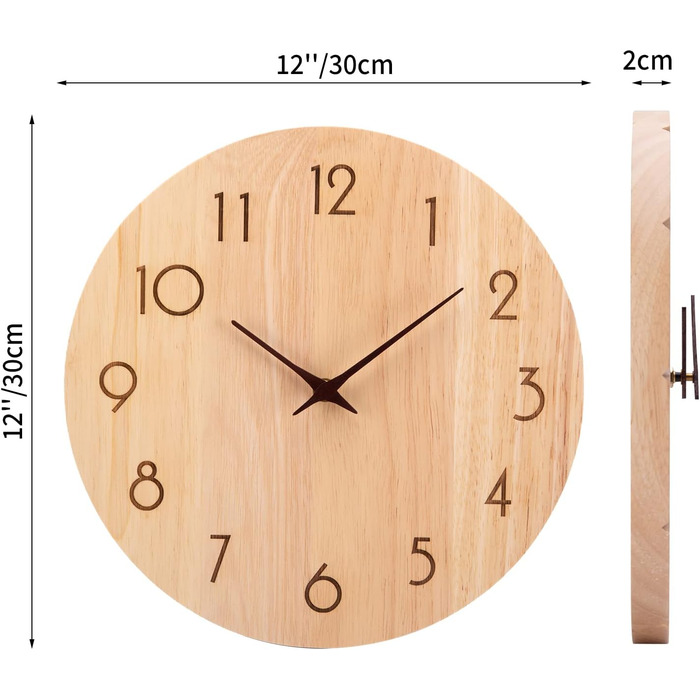 ACCSHINE Wall Clock Wood Oak Silent No Ticking Sound 30cm Quartz Large Easy to Read for Living Room Kitchen Bedroom Office School (Wood Color - Arrow Hands)