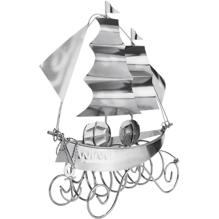 BRUBAKER Wine Bottle Holder Sailing Ship - Bottle Stand Sculpture made of Metal with Gift Card - Silver Wine Gift, Height 39 cm