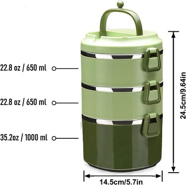 SANQIAHOME 3-Tier Stackable Stainless Steel Lunchbox, Leak-Proof, Green