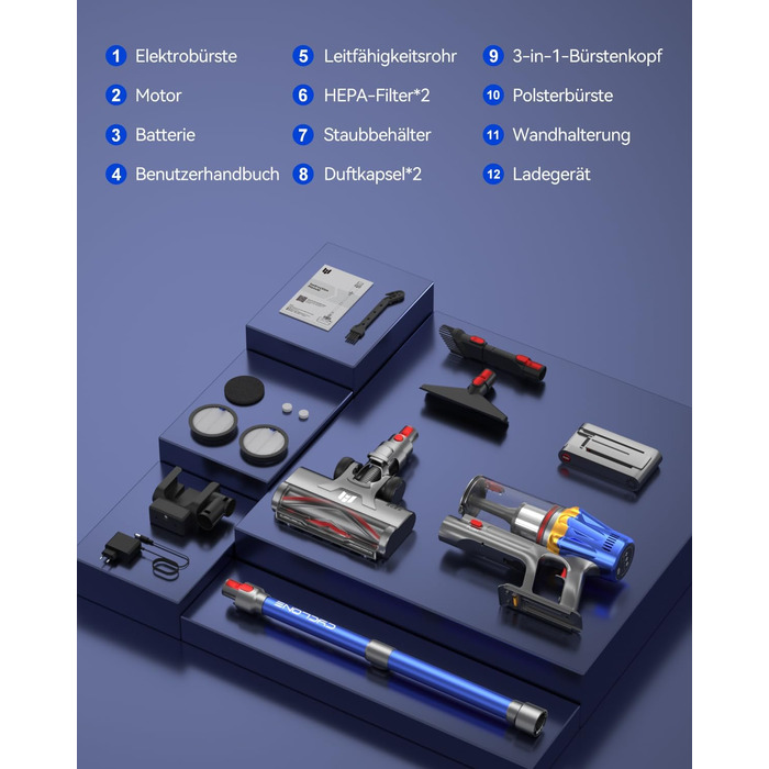 Бездротовий акумуляторний пилосос H9 58000Pa/650W з LED-екраном та турбощіткою для тварин, килимів та твердих підлог (блакитний)