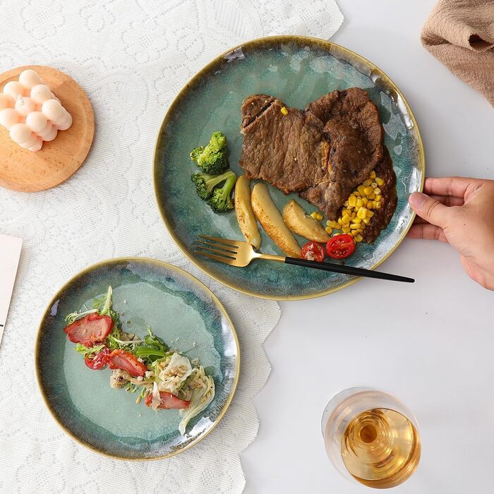 Henten Home 4-Piece Stoneware Plate Set, Green Dessert Plates, Breakfast Plates, Flat Cake Plates, Salad Plates Set for 4 People, Dinner Plate Set