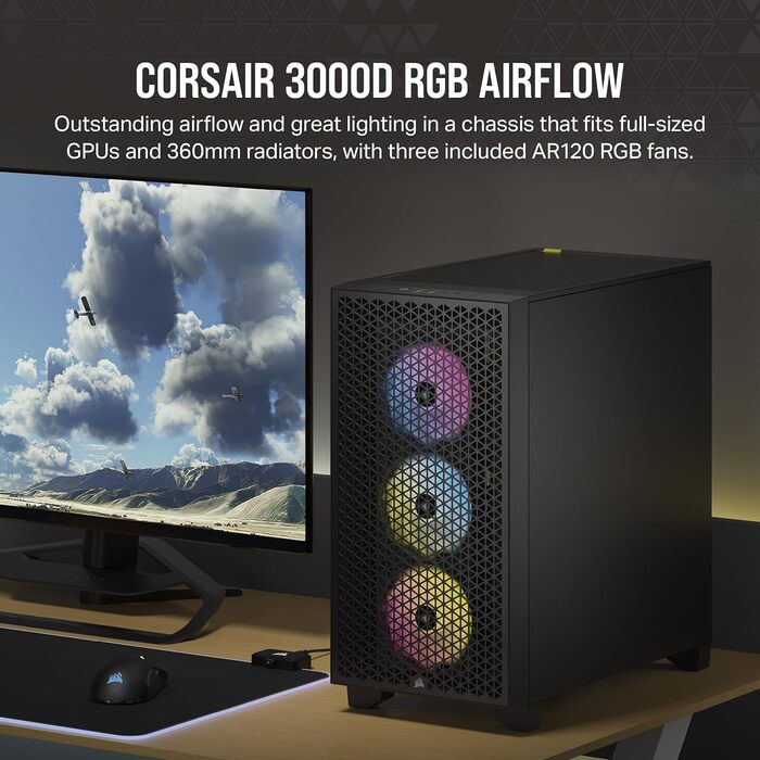 Комп'ютерний корпус CORSAIR 3000D RGB Airflow, Mid-Tower, чорний, з 2 вентиляторами SP120 Elite, підтримка 2x GPU, до 8x 120mm вентиляторів