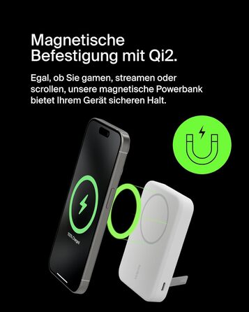 Belkin BoostCharge Pro Powerbank 10000mAh з Qi2, MagSafe, вбудований стійка, для iPhone 17, Air, 16, 15, 14, Pixel та інших – білий