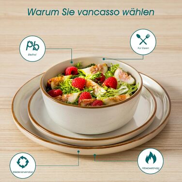 Набір посуду на 6 осіб Vancasso RENO 24 шт. з каменю, сучасний сервіз: тарілки для їжі, супу, десерту, миски. Підходить для миття в посудомийній машині та використання в мікрохвильовій печі. (Бежевий, 36 шт.)