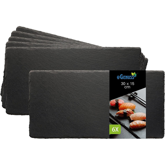 Set of 6 Slate Serving Boards, Tapas, Sushi Plates, Black Slate Serving Platter, Cheese Board – Tray Serving Tray with Non-Slip Pads – 30x15 cm