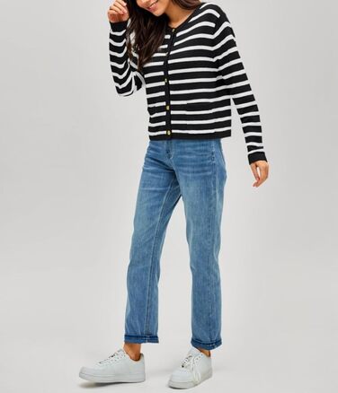 Жіноча коротка в'язана куртка з двома кишенями на ґудзиках, смугастий пуловер, стильна осіння кардиган, круглий виріз, модна в'язана кофта XL чорного кольору