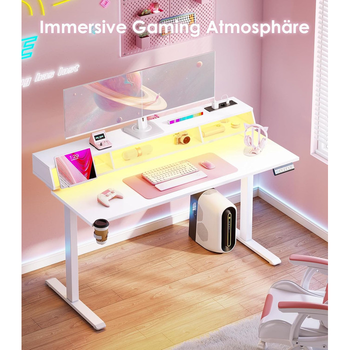 Офісний стіл для геймінгу OffiGo, 140 см, регульована висота, RGB LED, розетки, 3 полиці, тримач для напоїв та навушників, поверхня з карбону, білий
