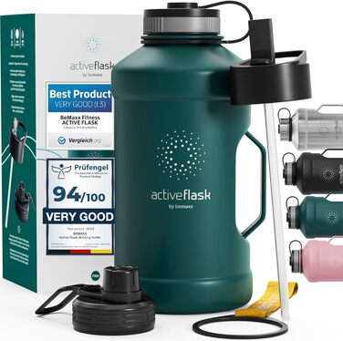 Спортивна пляшка з нержавіючої сталі ACTIVE FLASK 2,2 л з трубочкою, 3 кришки, BPA-free, герметична, для води і газованих напоїв, XL пляшка для спорту, фітнесу, туризму, темно-бірюзова