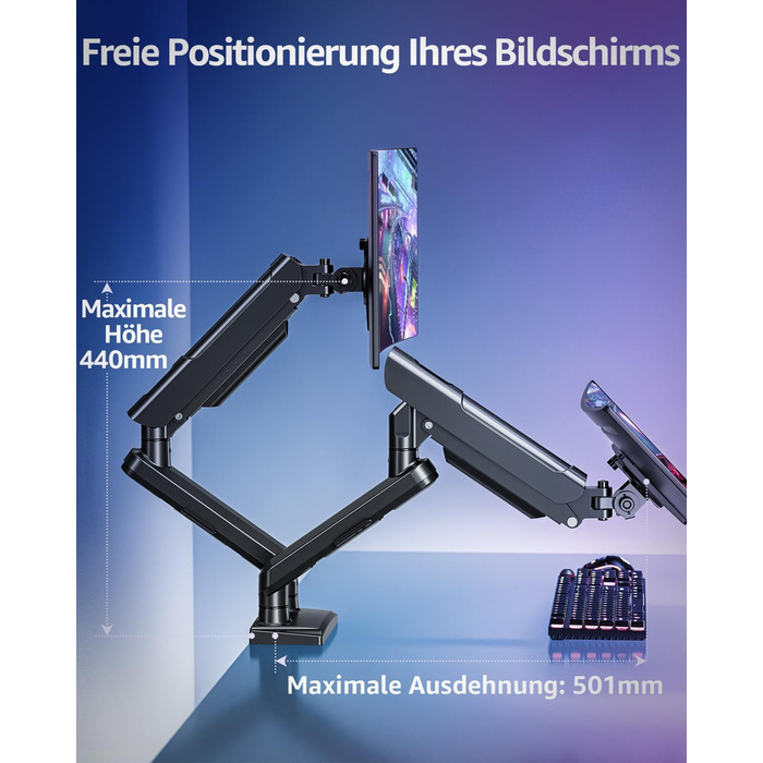 Тримач для монітора ELIVED EV6012W для 2 моніторів (13-32 дюйми), чорний, VESA 75/100mm, газ-амортизатор, регульований