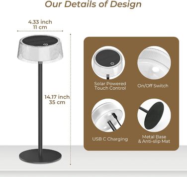 Світлодіодний акумуляторний настільний світильник Lacasa Solar 2 шт, димується, водонепроникний IP67, для дому, саду, спальні