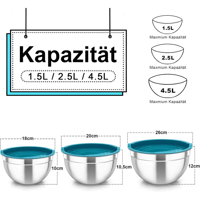 Набір мисок TEAMFAR з нержавіючої сталі, 3 шт. з кришками, 4.5L / 2.5L / 1.5L, для приготування, випічки та сервірування, блакитний, придатні для миття в посудомийній машині
