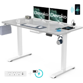 Devoko Adjustable Height Electric Standing Desk with Wireless Charger, Memory Control & Power Outlet - 160x80cm Grey