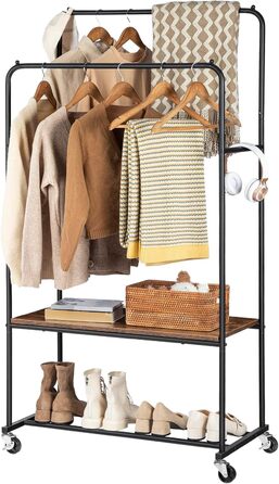 HOOBRO Clothes Rack with Wheels, Heavy Duty Clothes Rod, Garment Rack with 2 Clothes Rods and Shelf, Up to 100 kg Load Capacity, for Bedroom, Hallway, Dark Brown-Black EBF22LY01