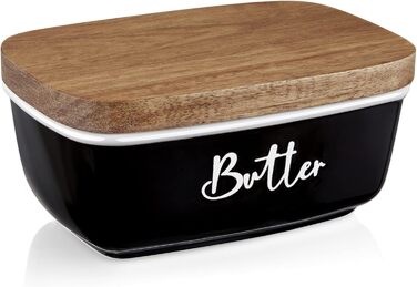 ALELION Butter Dish, large ceramic butter dish with lid for countertop, vintage butter holder with wooden lid, for home, kitchen decoration, butter container holds two butters, black