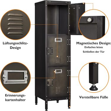 Metal locker with lockable doors, industrial steel cabinet for school, home, office, garage, H140*W38*D46 cm (3 doors)