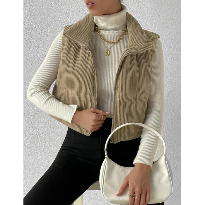 Жіноча куртка Gihuo з наповнювачем Cord, кроп-модель, комір-стійка, застібка на блискавку, стьобані рукави (M, Хакі)