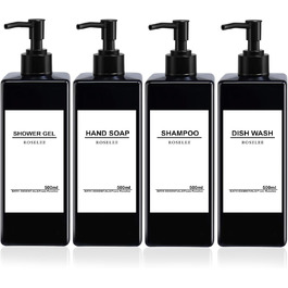 Набір дозаторів для мила Roselee (4 шт.), 500 мл, чорний. Дозатори для душу, шампуню, мила. Пластикові дозатори з воронкою та вологостійкими етикетками для кухні, ванної кімнати.