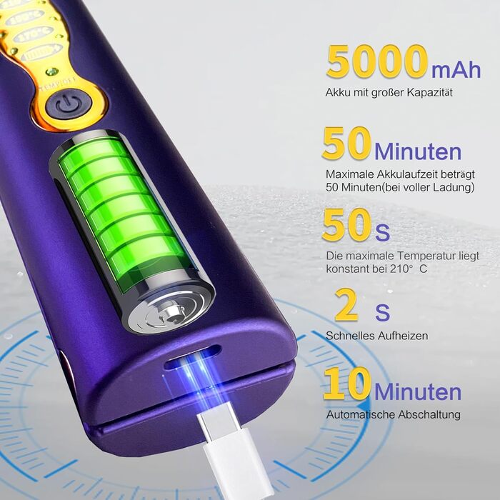 Бездротове праска для волосся з акумулятором 5000mAh, титанова поверхня, 2-в-1 (випрямляч та локони), міні, для подорожей, 3 температурні режими, швидкий нагрів, для всіх типів волосся (білий, блакитний)
