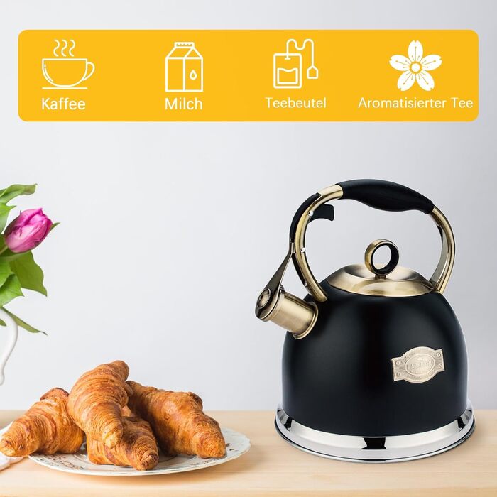 Чайник-свисток 3L з нержавіючої сталі, з термостійкою ручкою, для індукційних плит, чорний