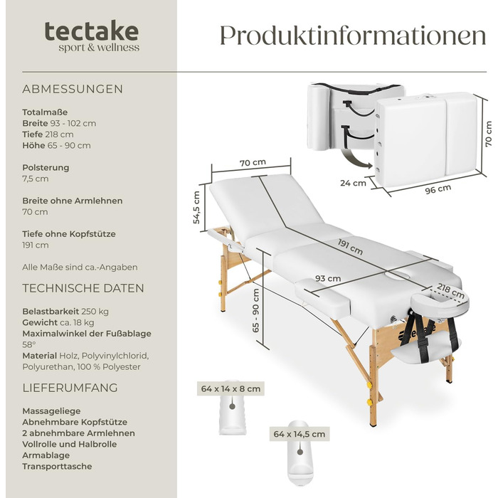 Масажний стіл Tectake® мобільний, складаний, з 3 зонами, з 7,5 см підкладкою, регульована висота, підголівник та підлокітники, масажна кушетка з дерев'яними ніжками, сумка для перенесення (з масажними роликами, білий)