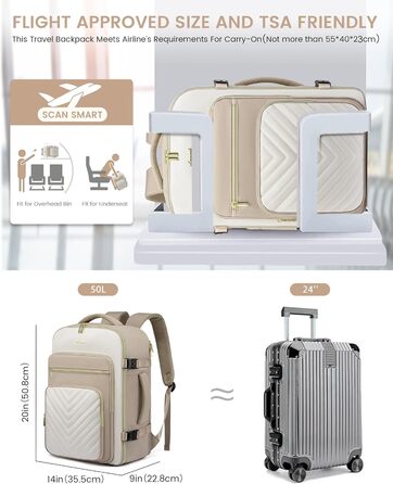 Рюкзак LOVEVOOK для ручної поклажі в літак, 40L, жіночий, водонепроникний, з відділенням для ноутбука 17 дюймів, для подорожей, роботи, хайкінгу, оливково-бежевий