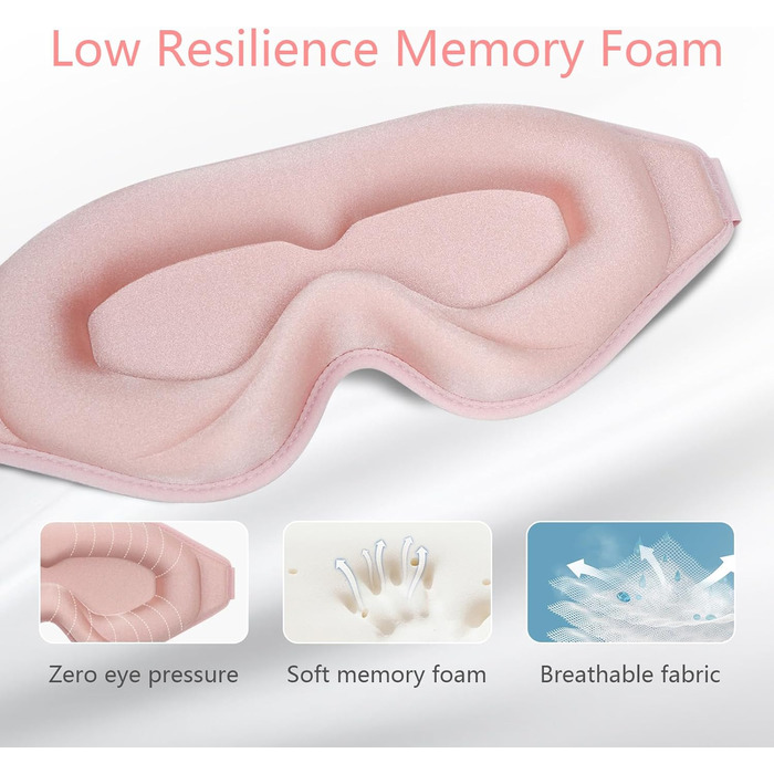 Маска для сну 3D з memory foam, повна світлонепроникність, регульована, рожева, для жінок