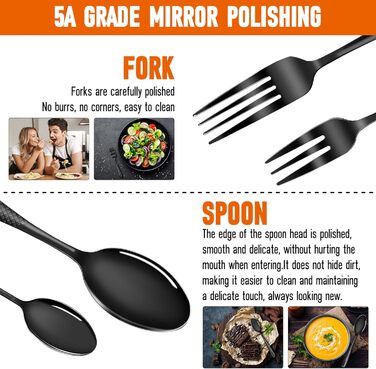 Набір столових приборів FANTICDE на 4 особи, 20 предметів, нержавіюча сталь, чорний матовий, з ножем, виделкою, ложкою, преміум-якість, для посудомийної машини