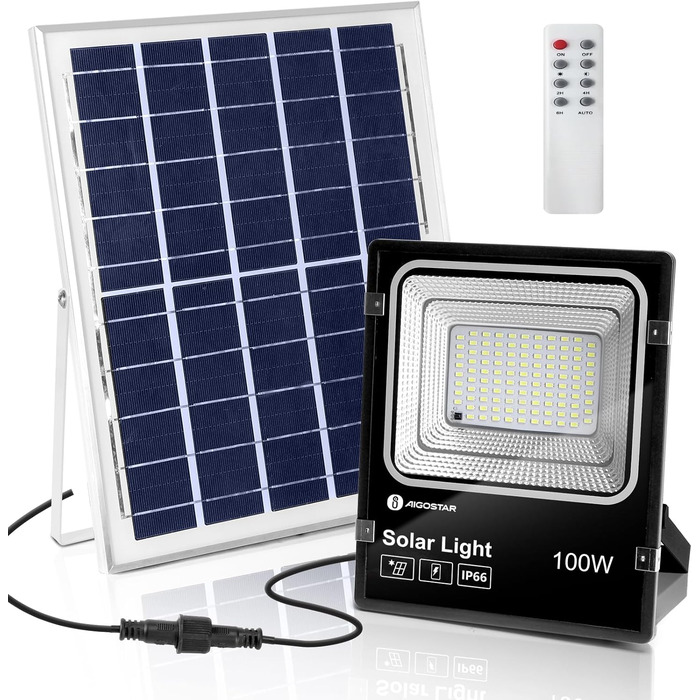 Aigostar Solar Floodlight Outdoor, Super Bright LED Floodlight with Solar Panel, Cold White 6500K, IP66 Protection Rating Solar Floodlight Spotlight Outdoor Floodlight for Garden, Door, Yard, Garage, etc. (100W)