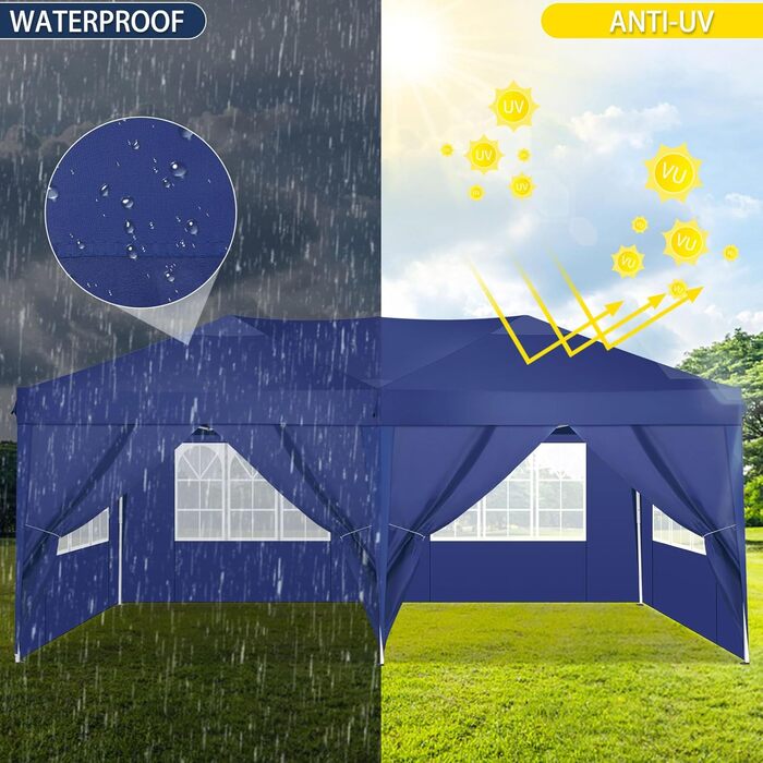 COBIZI Pavilion - Waterproof, Stable, Winter-Proof, Foldable, Pop-Up Party Tent, Garden Pavilion for Beach Wedding, with 4 Side Panels, UV Protection 50+, Adjustable Height (Navy Blue, 3x6m)