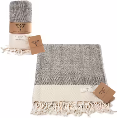 Smyrna Turkish 100% Cotton Herringbone Throw Blanket | Best Quality | Large 127x152cm Cozy Blanket | Made in Turkey | Machine Washable | Premium Luxury Bath Towel & Picnic Blanket - (152 x 205 cm, Beige)