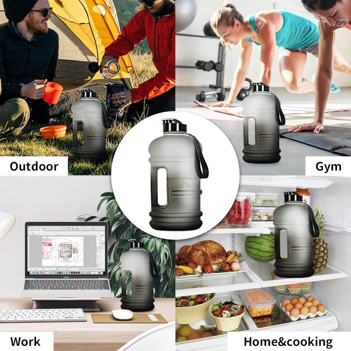 TOOFEEL Water Bottle 2L - 2 Liter Water Bottle BPA Free, Large Bottle, Reusable Sport Water Bottle with Measurements Marked, Gym Water Bottle - Black and White