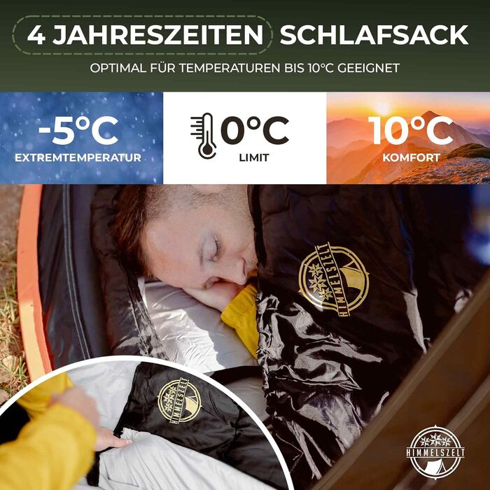 Спальний мішок HIMMELSZELT для кемпінгу та відпочинку на природі -4°C до +10°C, 220x85 см, водонепроникний, DRYSHIELD, чорно-зелений
