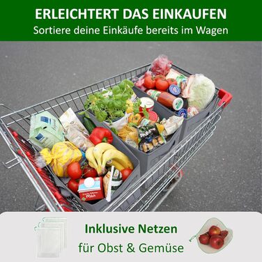 Large Folding Shopping Bags 3-Pack & Fruit Net - Sturdy Large Folding Shopping Basket with Reinforced Bottom - Ideal Shopping Bag for Shopping Carts & Trunk - 80 L (Gray)
