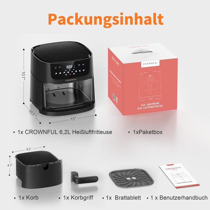 Електрична аерофритюрниця CROWNFUL 6,2 л XXL, 8-в-1, без олії, з LCD-екраном, антипригарний кошик, точне регулювання температури